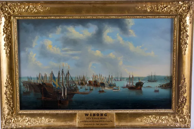 PER WILHELM CEDERGREN. Wiborg Den 3 Juli1790, Svenska Flottorna under befäl af konung Gustav III och Hertig Carl, genombrytande den Ryska örlogs-flottan, signerad PW Cedergren och daterad 1851.