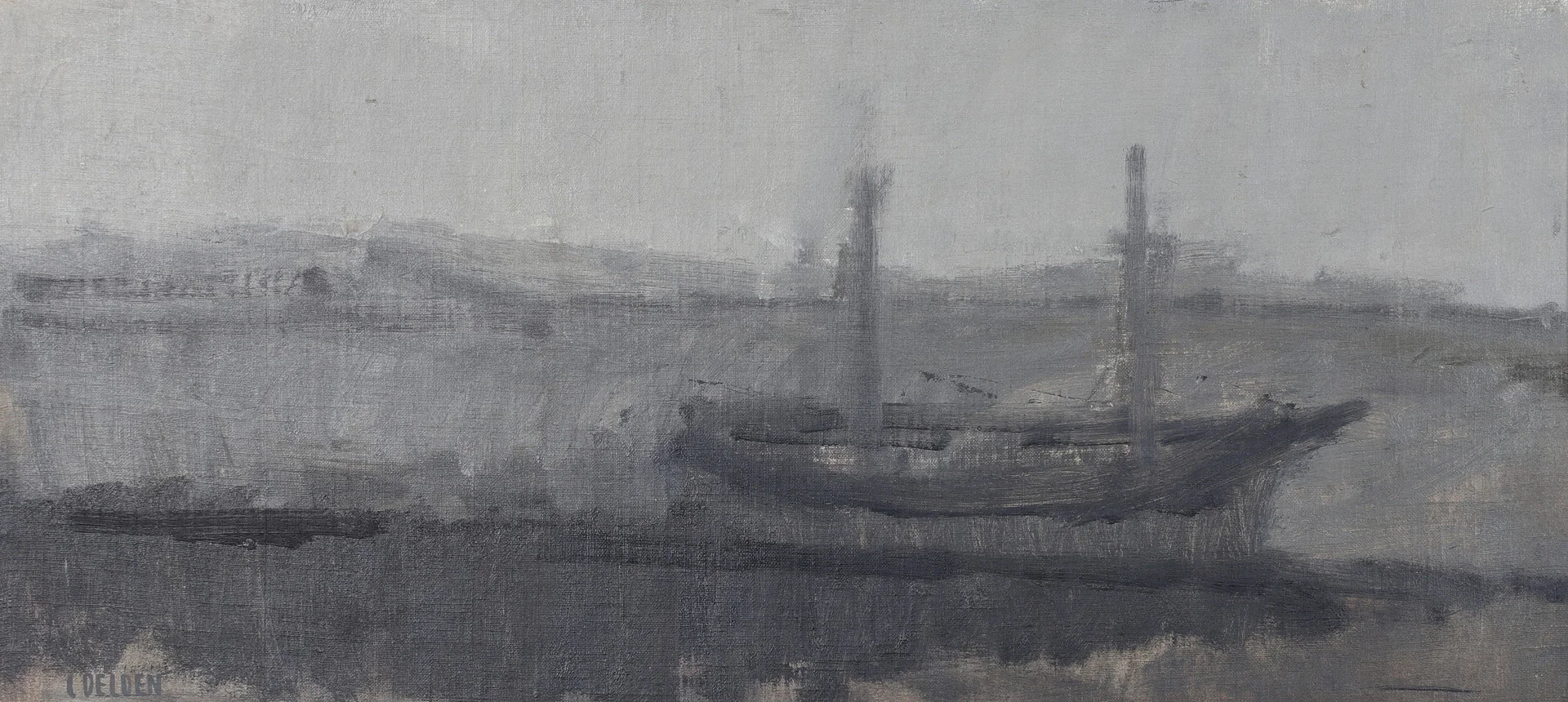 CARL DELDEN. "Svart båt", olja på pannå, signerad. — Paintings — Gomér & Andersson Norrköping