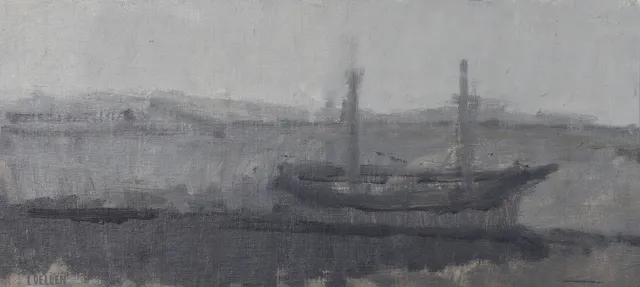 CARL DELDEN. "Svart båt", olja på pannå, signerad.