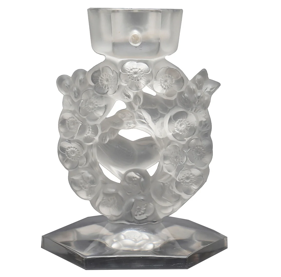 LALIQUE MANUFACTURE. “Mésanges” candle holder. — Art glass — Balclis