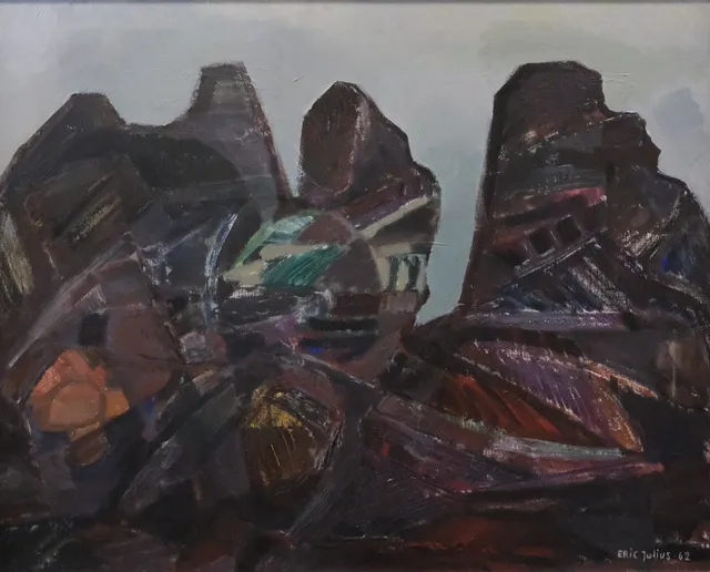 ERIC JULIUS. OLJA PÅ DUK. "RÖDA KLIPPOR, ARILD".