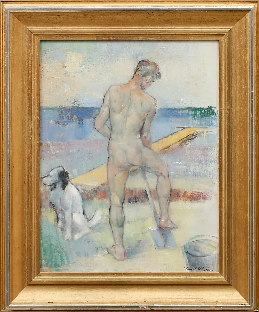 EMIL OLSSON. Naken man med hund, olja på uppklistrad duk, signerad. — Paintings — Garpenhus Auktioner