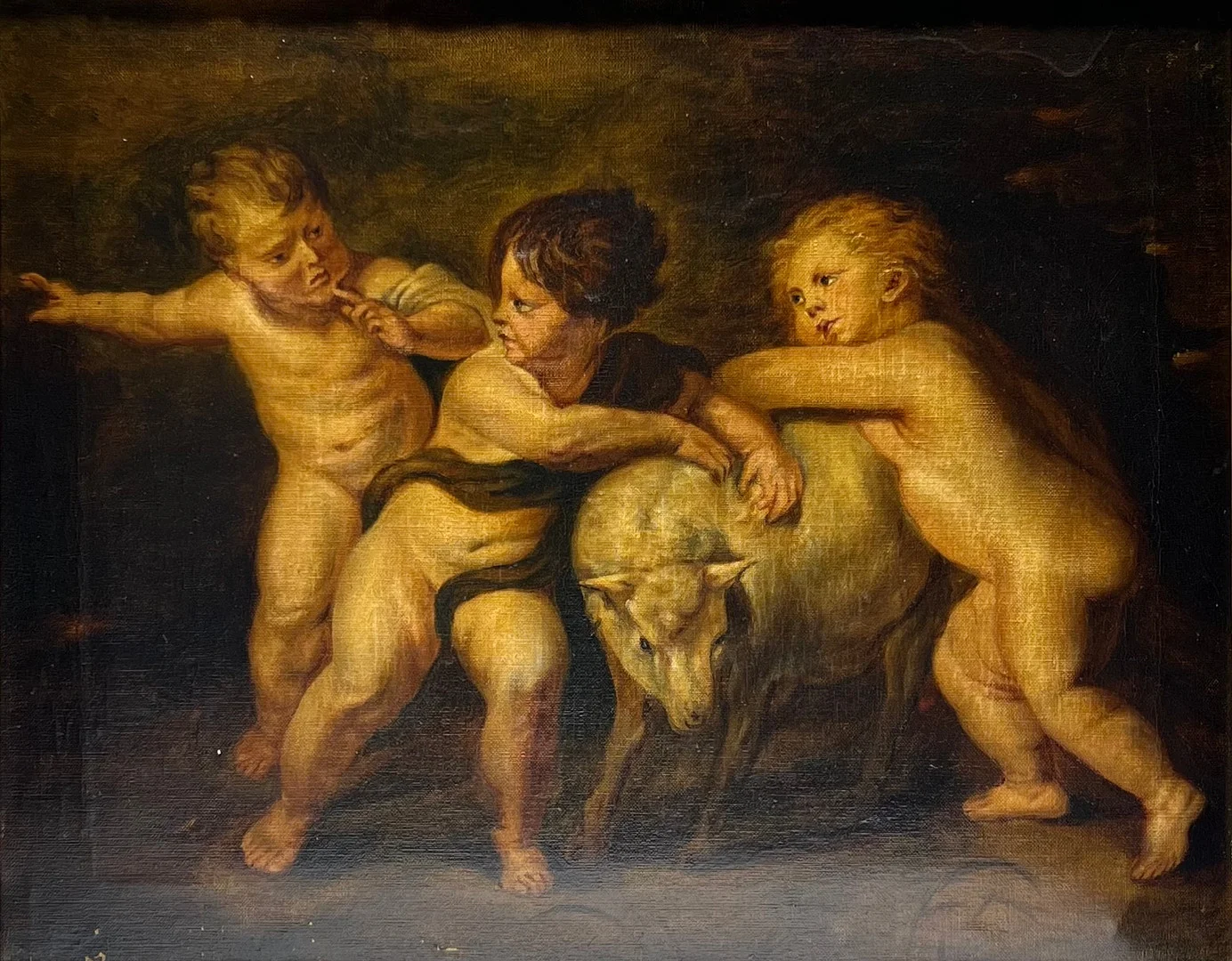 ANÓNIMO. SIGLO XX. Puttis con oveja. Óleo sobre lienzo. — Paintings — Arce Auctions