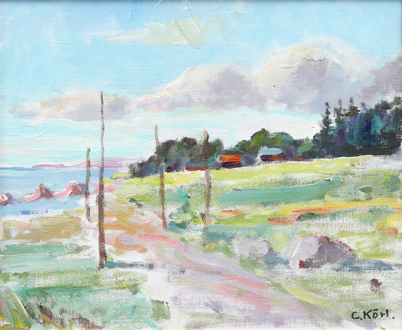 CARL KÖHLER. Kustmotiv med torkställning, olja på duk, signerad C. Köh. — Paintings — Garpenhus Auktioner
