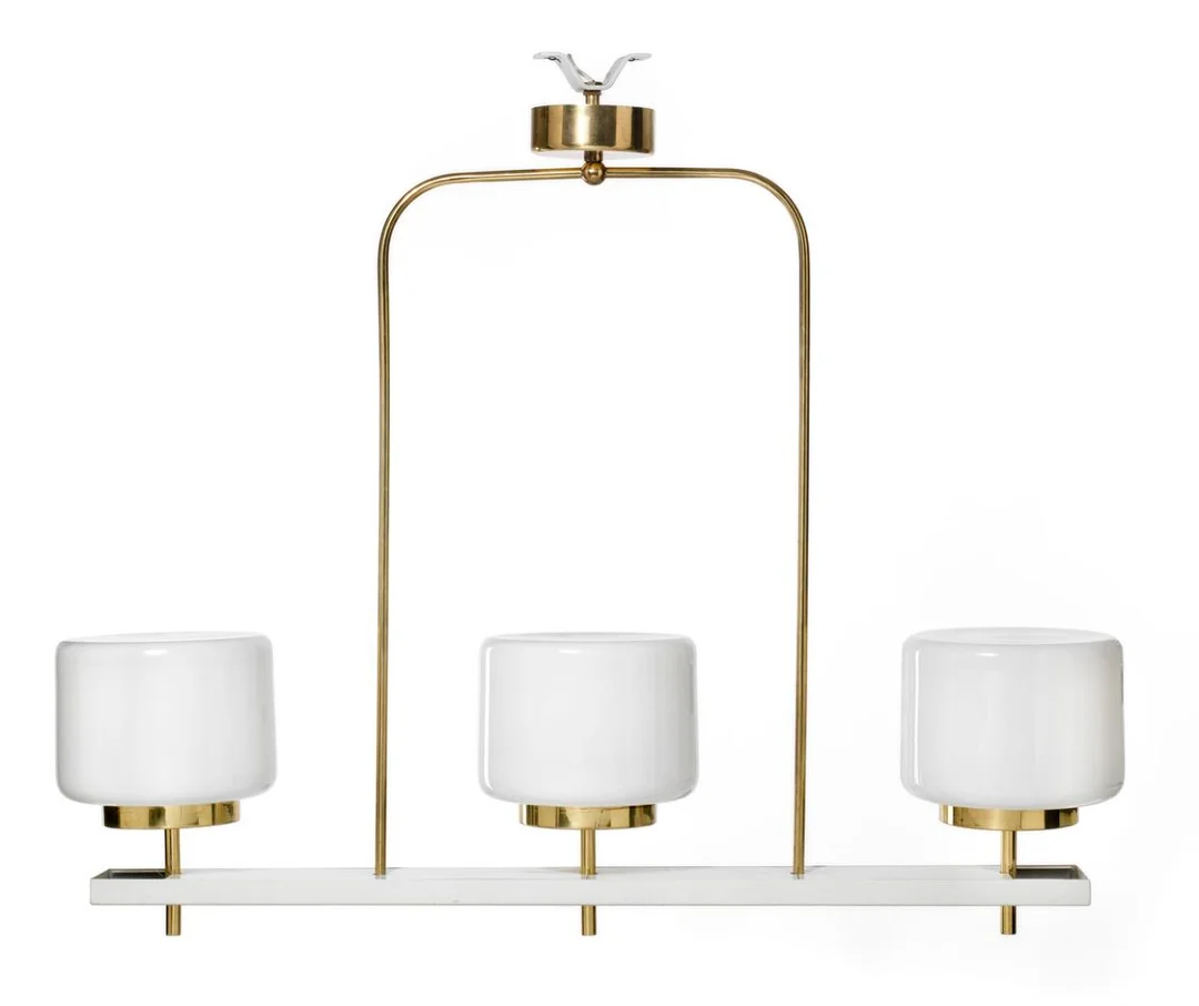 Ceiling lamp with white painted metal and brass frame. Three opal glass shades. Designed 1963. Manufactured 1960s by Idman Oy, Finland. H. 98 cm. L. 112 cm. — Modern Lighting — Bruun Rasmussen
