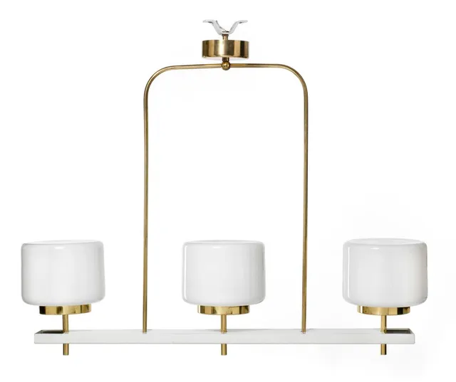 Ceiling lamp with white painted metal and brass frame. Three opal glass shades. Designed 1963. Manufactured 1960s by Idman Oy, Finland. H. 98 cm. L. 112 cm.