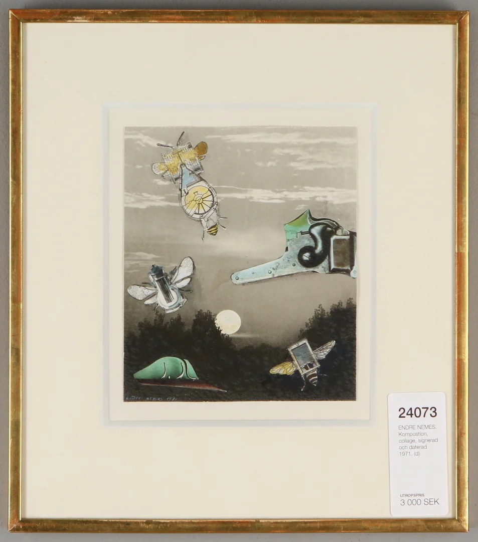 ENDRE NEMES. Civilisationens flykt, collage, signerad och daterad 1971. — Other — Auktionshuset Kolonn