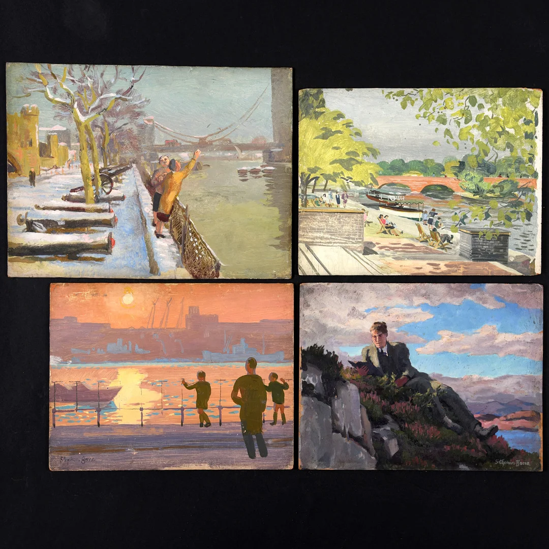 STEPHEN BONE (1904-1958). LADIES ON THE EMBANKMENT; ACROSS THE THAMES, SUNSET; LEISURE SCENE (BY THE THAMES?); YOUNG MAN READING. — Paintings — Lawrences Auctioneers