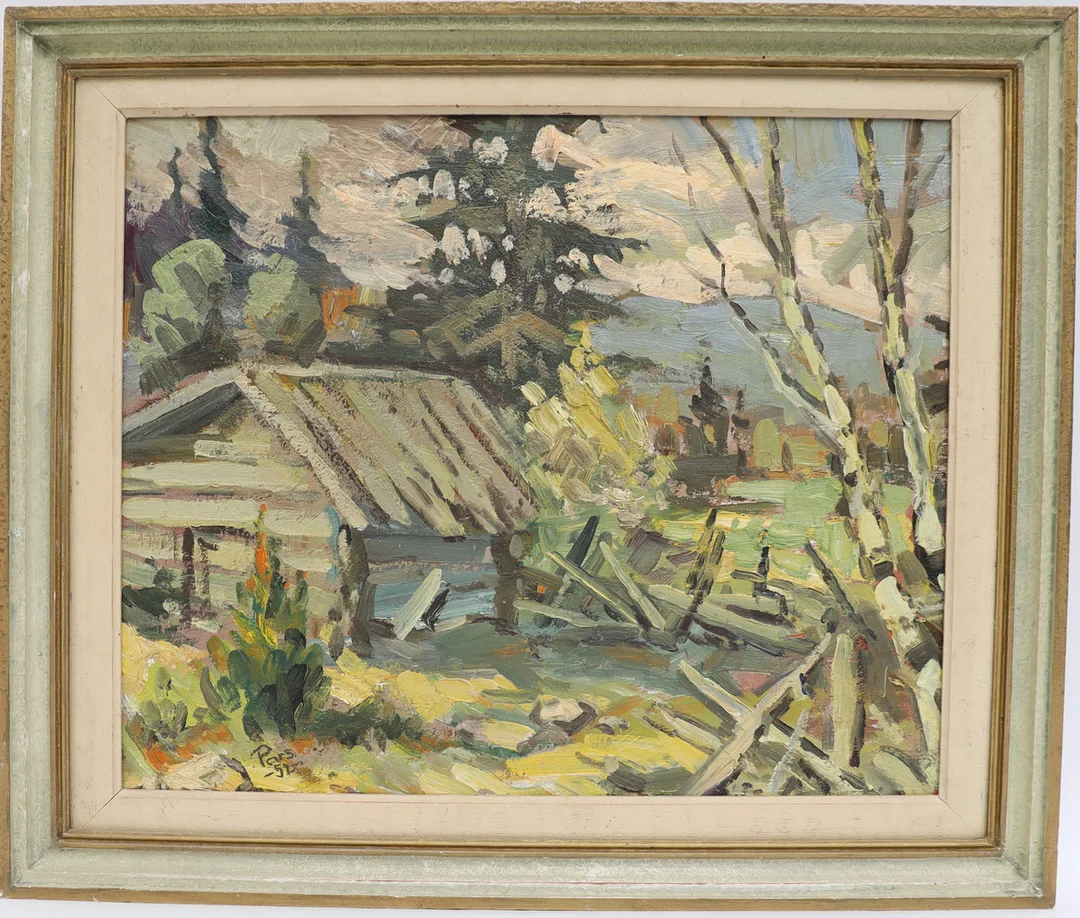 FOLKE PARS. Skogsbild med timmerstuga, oljemålning på pannå, signerad och daterad 52. — Paintings — Falun Auktionsbyrå