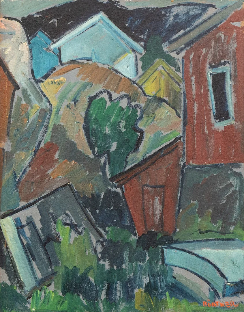 GUSTAF BÖRTNER ZANDT (1905-1985). Hus i landskap, olja på pannå, signerad. — Paintings — Garpenhus Auktioner