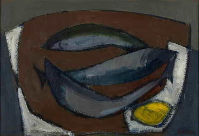 STIG DELANG (1912-1995). Stilleben med fiskar, signerad Delang, olja på duk.