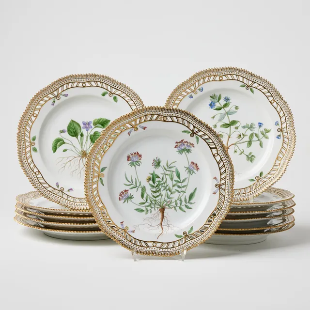 ROYAL COPENHAGEN, "Flora Danica", tallrikar, 12 stycken, porslin, Danmark, 1900-tal, varierande ålder, modellnr 3554, målad dekor av botanik, konturerad bräm med genombruten dekor, detaljer i guld.