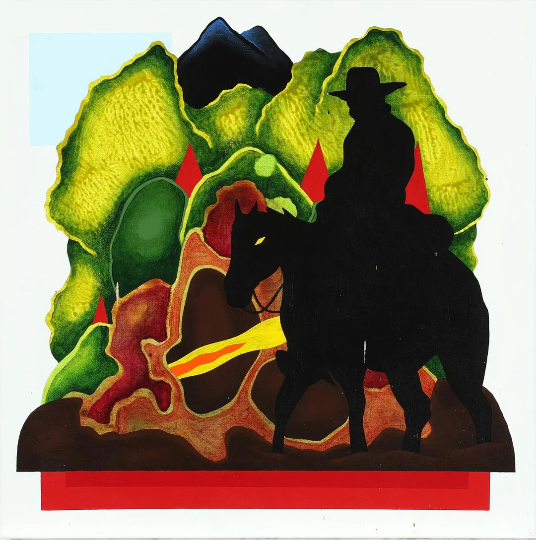 “Den ensomme rytter, blev draget, mod undergrunden...”, 2009. Signed, titled and dated on the rerverse. Acrylic on canvas. 40×40 cm. — Modern Paintings — Bruun Rasmussen