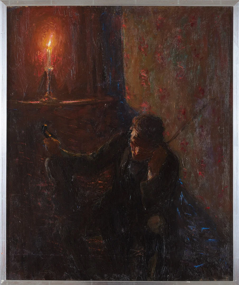 GUSTAF ARNOLDS. Man med violin, olja på pannå, stämpelmärkt á tergo. — Paintings — Stockholms Auktionsverk Sickla