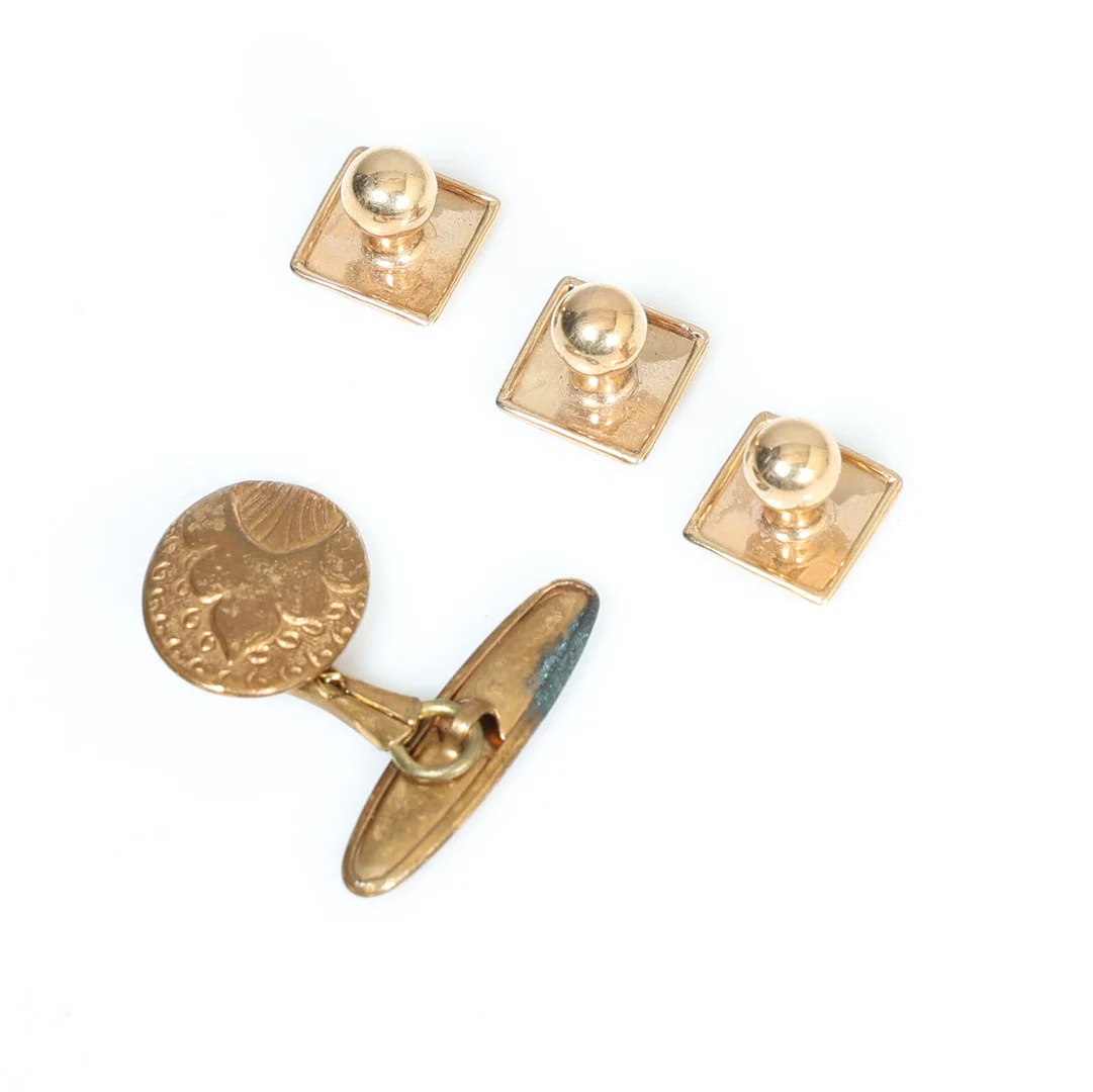A SET OF THREE 9 CARAT GOLD DRESS STUDS TOGETHER WITH A YELLOW METAL CUFFLINK (4). — Cufflinks & Tie Pins — Bishop & Miller