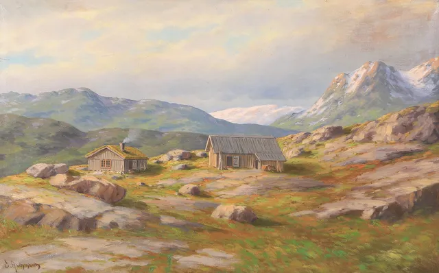ERNST ASCHENBACH. Bergslandskap, olja på duk, signerad.