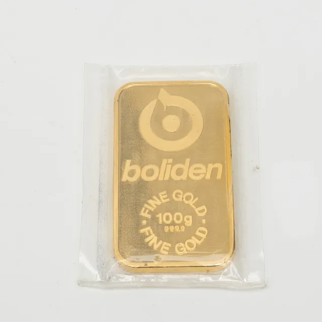 GULDTACKA, Boliden finguld 999,9/1000, vikt ca 100 gram.