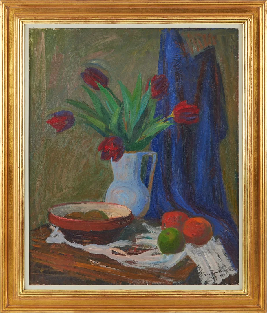 SIGNE BARTH (1895-1982). Stilleben med blommor och frukt, olja på duk, signerad Signer Barth - 36. — Paintings — Stockholms Auktionsverk Magasin 5