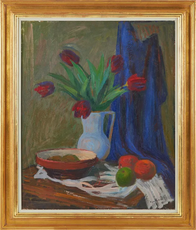 SIGNE BARTH (1895-1982). Stilleben med blommor och frukt, olja på duk, signerad Signer Barth - 36.
