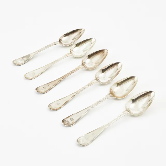 MATSKEDAR, 6 st, silver, snäck, Fredrik och Wilhelm Zethelius, Stockholm 1845.