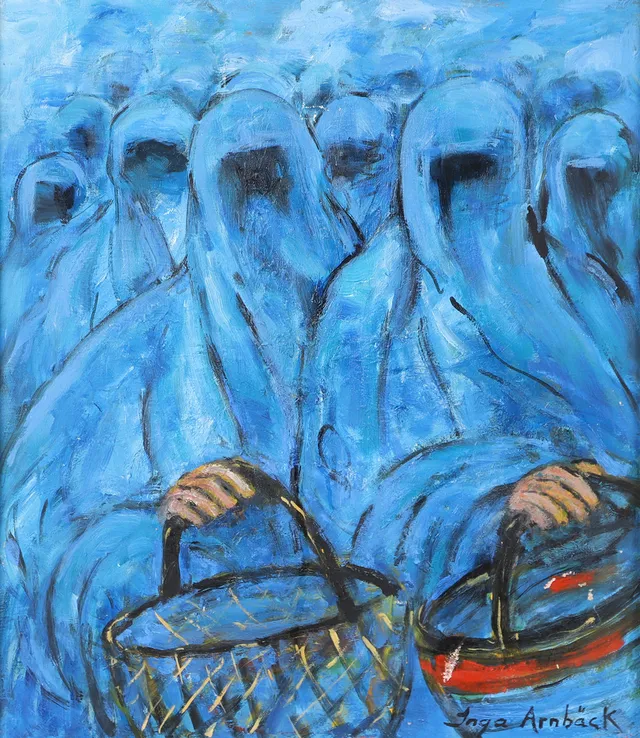 INGA ARNBÄCK. Figurer med korgar, olja på duk, signerad.