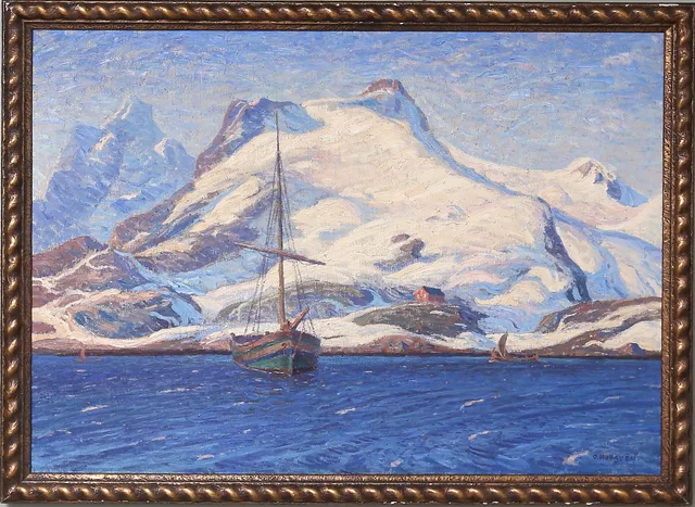 OSCAR HULLGREN. "Vårdag i Lofoten", olja på duk, signerad O. Hullgren.