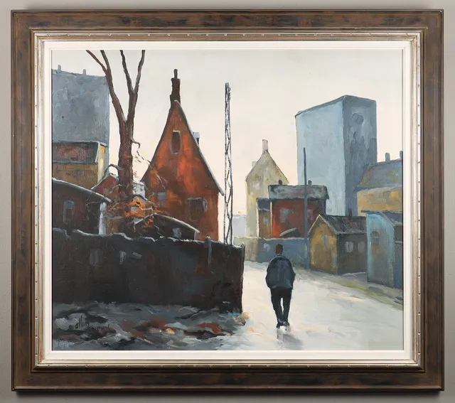 ALLAN KARMS. Olja på duk, Stadsgata, signerad.