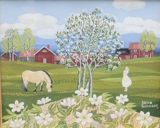 STINA SUNESSON. Gouache, "i vårens tid", signerad, ram bladguld.