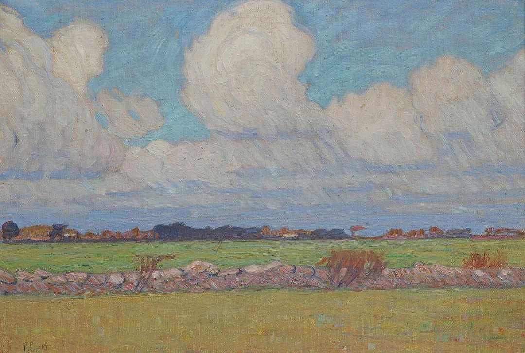 FRITZ LINDSTRÖM. Olja på pannå, "Slätten i trakten av Väsby", signerad FL, daterad -17. — Paintings — Ekenbergs Auktioner