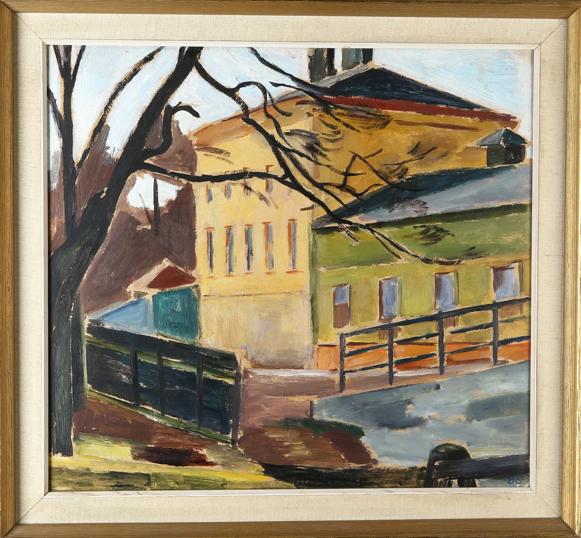 BIRGER SIMONSSON. Hustmotiv, olja på pannå, monogramsignerad BS. — Paintings — Auktionshuset Kolonn