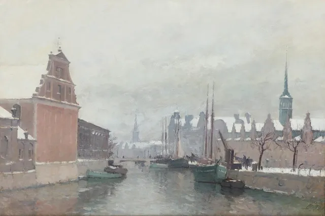 Otto Olsen: A view from the canal to the Stock Echange in Copenhagen. Signed Otto Olsen. Oil on canvas. 60×90 cm.
