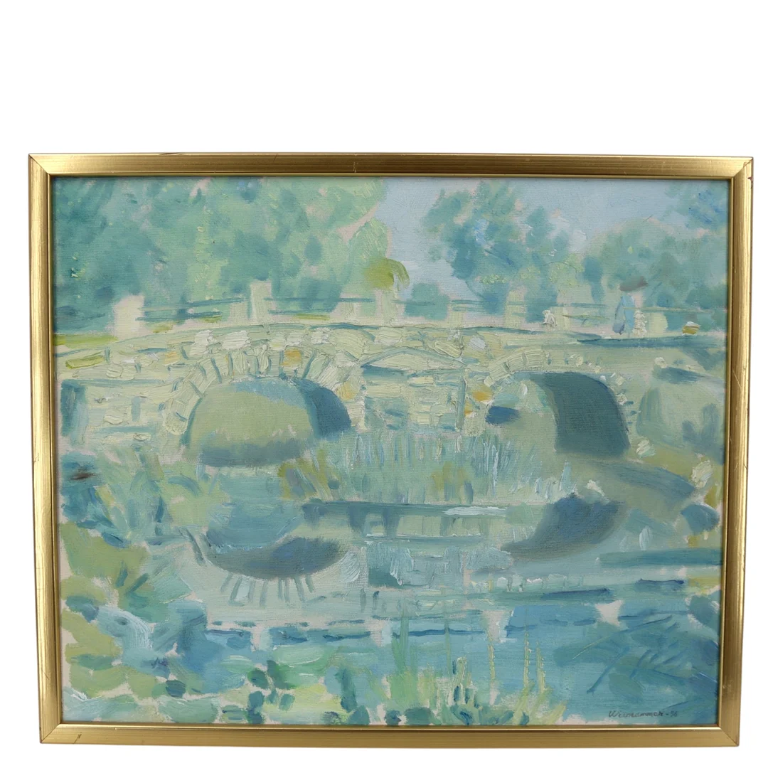 BERTIL WIVHAMMAR. Olja på duk, stenbro över vattendrag, signerad -96. — Paintings — Höganäs Auktionsverk