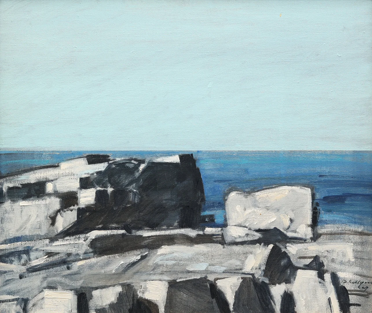 BENGT HILLGRUND. Vårhallarna i Simrishamn, olja på duk, signerad och daterad, Hillgrund -77. — Paintings — Garpenhus Auktioner