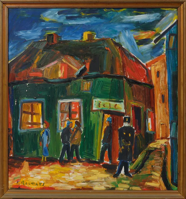 KARL RAGNAR JOHANNESSON. Gatubild med figurer, olja på duk, signerad.