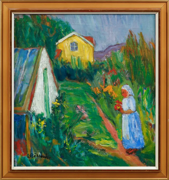 ERNST RÖHLANDER. "Trädgårdsmästeri", Stenungsund, olja på duk, signerad.