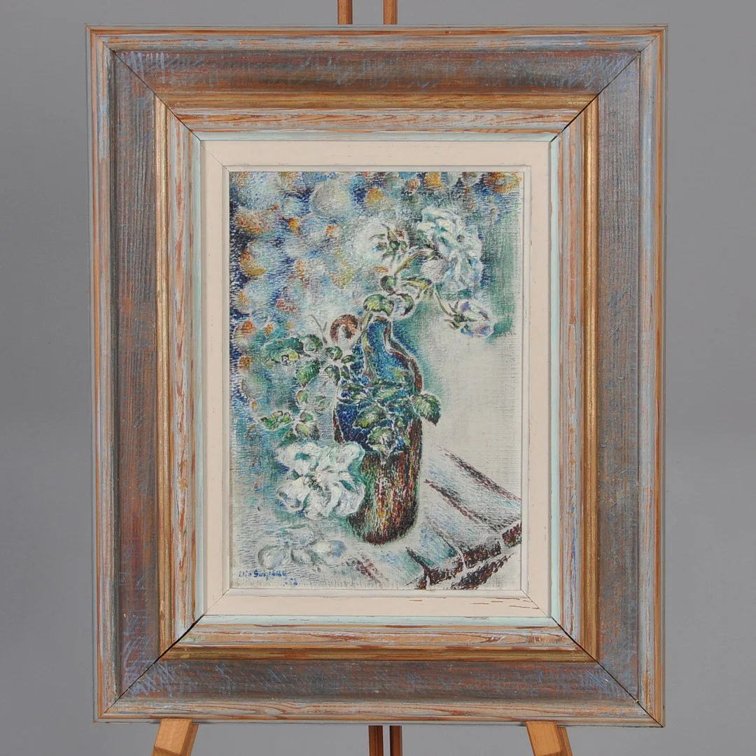ELIN SVIPDAG. olja på pannå, "rosor i sprucket krus". — Paintings — Laholms Auktionskammare