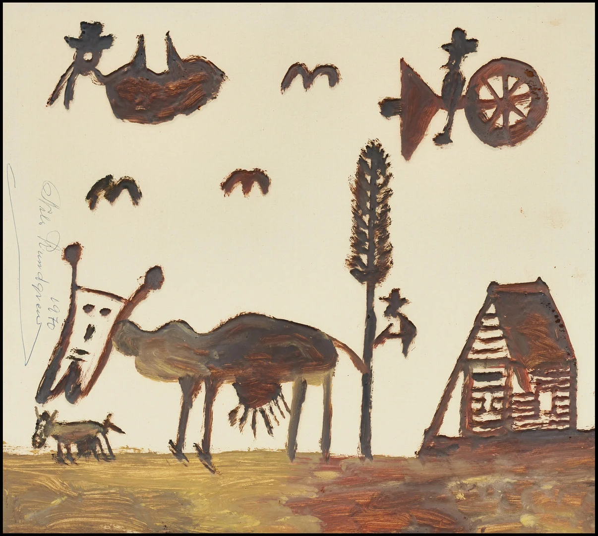 NILS "BJÖRNJÄGARN" RUNDGREN (1890-1971). Naiv figurscen, signerad och daterad 1970, gouache på papperspannå. — Paintings — Crafoord Auktioner Stockholm