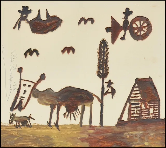 NILS "BJÖRNJÄGARN" RUNDGREN (1890-1971). Naiv figurscen, signerad och daterad 1970, gouache på papperspannå.