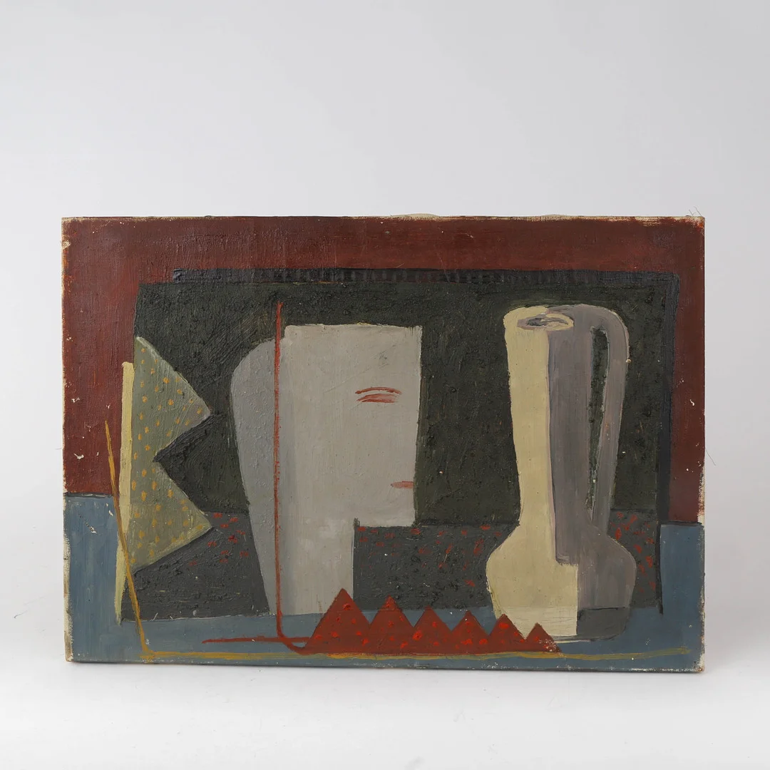 UBEKENDT KUNSTNER. Kubistisk opstilling, olie på lærred, 1960'erne. — Paintings — Bidstrup Auktioner