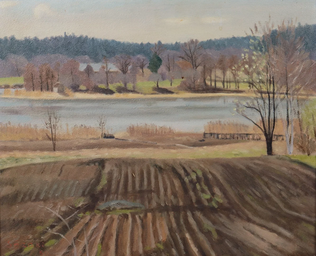 HARUO SEZAKI (1907-1977). olja på pannå, åker vid vatten. — Paintings — Markus Auktioner