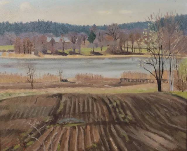 HARUO SEZAKI (1907-1977). olja på pannå, åker vid vatten.