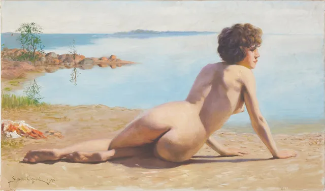 SIMEON ÖQUIST (1868-1955). Modell på stranden, oljemålning på duk, signerad och daterad Simeon Öquist 1946.