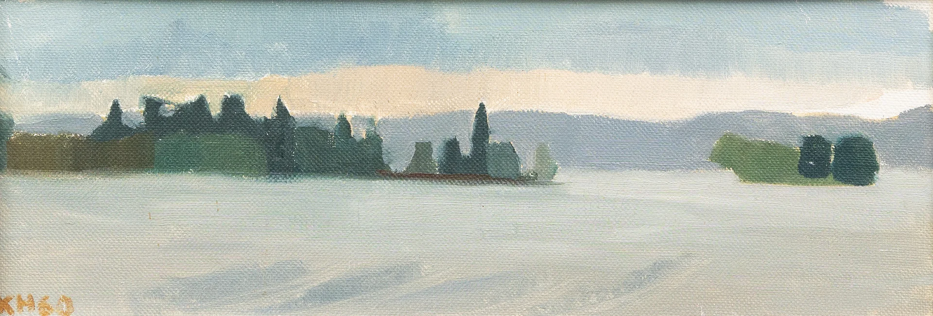 KRISTIAN HOLMQVIST (1928-2015). "Stora Kalvö och Lilla Kalvö i regndis", olja på pannå, signerad och dateras -60. — Paintings — Garpenhus Auktioner