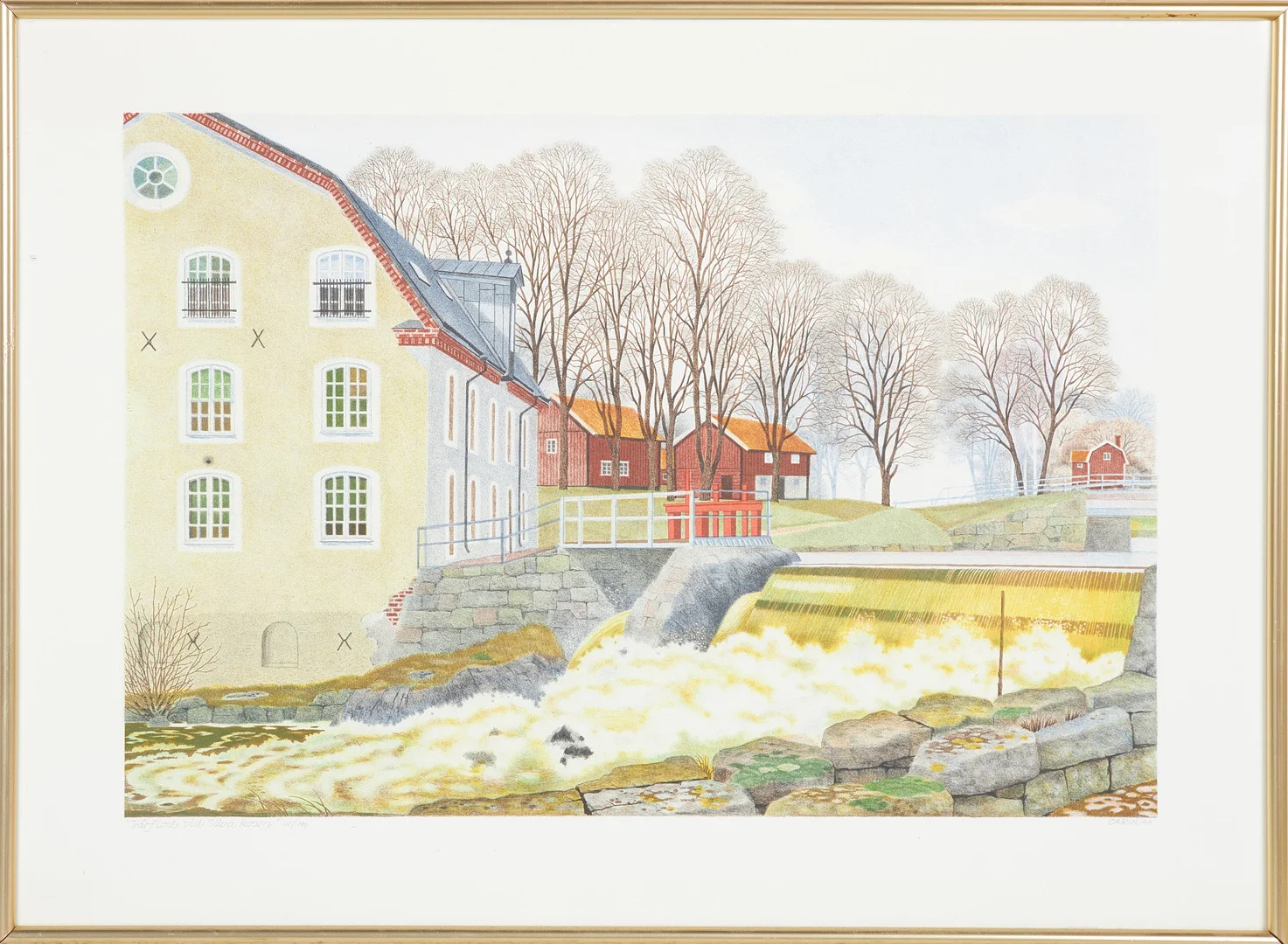 CARIN AX. "Vårflod vid Ulva Kvarn" litografi, signerad samt numrerad 111/190. — Engravings & Prints — Stockholms Auktionsverk Sickla