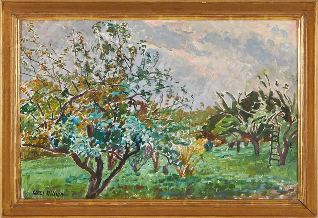 AXEL NILSSON (SVERIGE, 1889-1981). "Från trädgården", olja på pannå, signerad, med gåvodedikation a tergo.