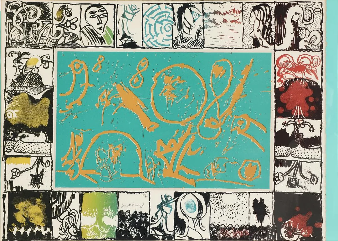 “Illusion d'optique”. Signed Alechinsky 67, ed. 150. Lithograph in colours. Printed by Imprimerie Clot, Bramsen et Georges, Paris. Publ. by The London Arts Group, Detroit. Sheet size 50×66 cm. — Modern Prints/CoBrA — Bruun Rasmussen