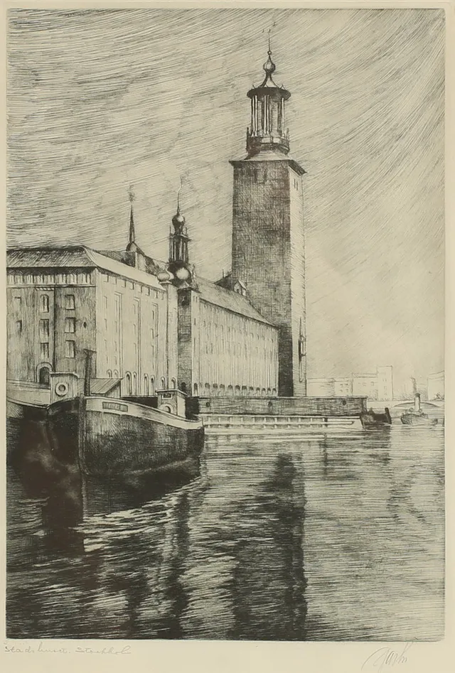 GASTON SMIDT. Etsning, Stadshuset, Stockholm, signerad.