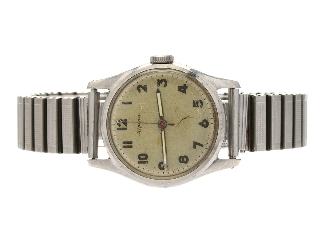 ALPINA, herrur, 32 mm, Boett nr. 317300, stål, manuell, plexiglas, skadad urtavla, defekt, ca 1960, metallänk ej original. — Klockor/Alpina — Kaplans