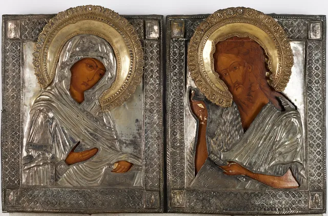 IKONER, två stycken, rizzor i metall, 1800-talets senare del.