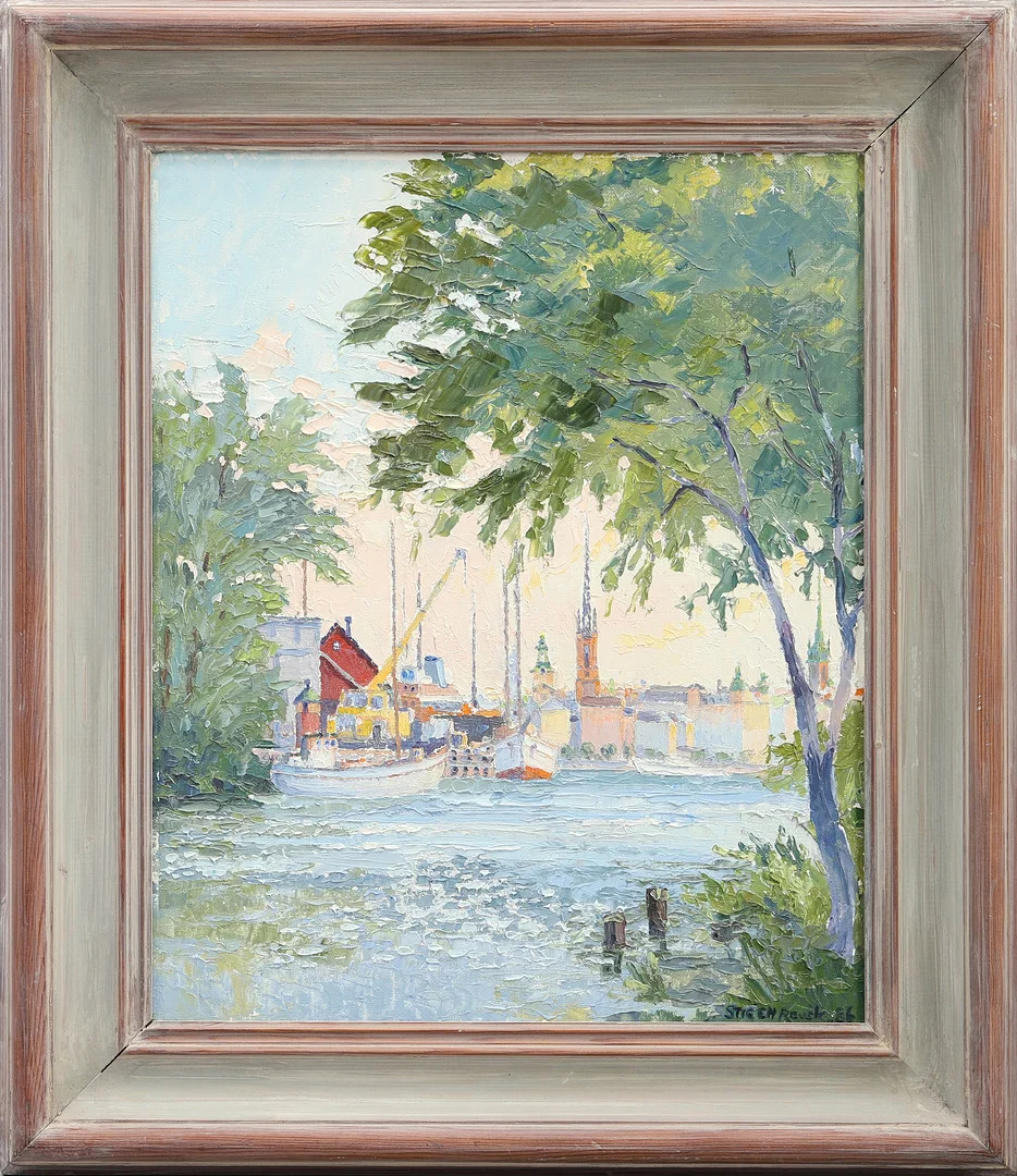 STIG EH ROUSK (1934–). Stockholmsvy, olja på duk, signerad STIG EH ROUSK 86. — Paintings — Crafoord Auktioner Stockholm